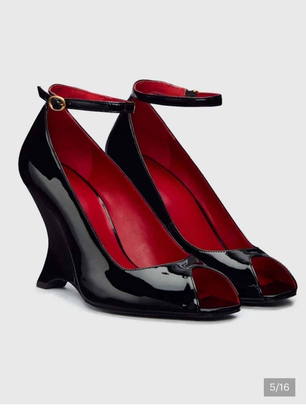 Reformation Black Patent Peep-Toe Wedge Heels with Red Interior
